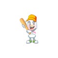 Sporty smiling pink glass of wine cartoon mascot with baseball