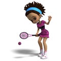 Sporty toon girl in pink clothes plays tennis