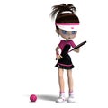 Sporty toon girl in pink clothes plays tennis. 3D