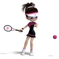 Sporty toon girl in pink clothes plays tennis. 3D