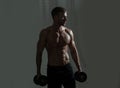 Sporty torso, man with dumbbells. Muscular and strong guy exercising. Sportsman doing exercises with weights. Fitness