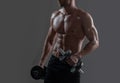 Sporty torso, man with dumbbells. Power, strength and healthy lifestyle, sport. Powerful attractive muscular man trainer