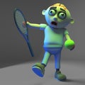 Sporty undead zombie monster is learning to play tennis, 3d illustration