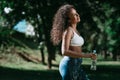 sporty woman drinks water with pleasure. close-up. Royalty Free Stock Photo