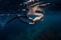 Sporty woman with fins swim in sea. Swimming in ocean Royalty Free Stock Photo