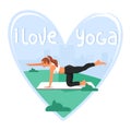 Sporty woman practicing yoga and standing in bird dog exercise. Heart shape composition with lettering.