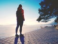 Sporty woman running at shore. Girl in sports wear Royalty Free Stock Photo