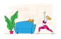 Sporty Woman with Slim Figure Wearing Sports Wear Home Stretching Training. Female Character Doing Lunge with Hands Up