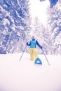 Sporty woman traveler on snowshoes resting Royalty Free Stock Photo