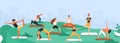 Sporty women practicing yoga in the park. Girls standing in various poses. Royalty Free Stock Photo