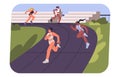 Sporty women on running track. Female runners on sprinting competition, race. People jogging on stadium. Athletes