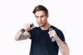 sporty young man with dumbbells on white background workout Copy Space Royalty Free Stock Photo