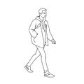 Sporty young man taking a walk. Side view. Monochrome vector illustration of man in jacket, jeans and sneakers walking