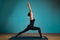 Sporty young woman doing stretching. Slim girl practicing yoga indoors on blue background. Calm, relax, healthy Royalty Free Stock Photo