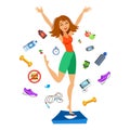 Sporty young woman jumping on the scales. Happy fit girl. Royalty Free Stock Photo