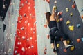 Sporty young woman training in a colorful climbing gym. Royalty Free Stock Photo