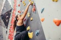 Sporty young woman training in a colorful climbing gym. Royalty Free Stock Photo