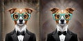 Spot the difference dog with spectacles wearing tuxedo