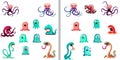 Spot the difference jelly monsters with frightened jellies in the center vector graphics