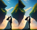 Spot the difference teen anime wedding couple in outdoor tree scene