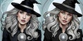 Spot the difference witch portrait vector graphics illustration