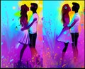 Spot the difference young teen couple hug in flower blooms illustration