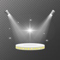 Spot lights vector. Pedestal illuminated by spotlights on a light background. Realistic scene illumination transparent Royalty Free Stock Photo