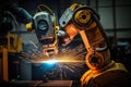 spot welding robot performing its duties in factory, tirelessly and reliably