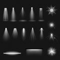 Spotlight glowing light effect realistic set. White rays and beams glitter illuminated lamp Royalty Free Stock Photo