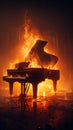 Spotlight illuminates a majestic piano engulfed in mesmerizing flames