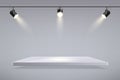 Spotlight lamps, white platform. Empty space for product presentation. Showroom wall with podium, 3d spot lights for