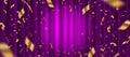 Spotlight on purple curtain background and falling golden confetti.