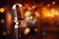 Spotlight on a retro microphone, stage with bokeh, music concept