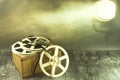 White spools of old film in the spotlight. Royalty Free Stock Photo