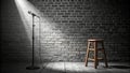 Spotlight on Stage Brick Wall, Microphone, Stool, Comedy,Performance, Open Mic Comedy, Stage Royalty Free Stock Photo