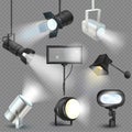 Spotlight vector light show studio with spot lamps on theater stage illustration set of projector lights photographing