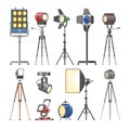 Spotlight vector light show studio with spot lamps on theater stage illustration set of projector lights photographing Royalty Free Stock Photo