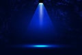 Vector scene spotlight bright blue light on the podium on a dark background of a shabby grunge wall in a nightclub. Mockup