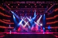 Spotlights and equipment on a large professional stage, smoke-filled stage effect