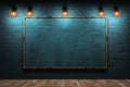 Spotlights illuminate a brick showroom with a chalkboard and blue wall