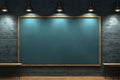 Spotlights illuminate a brick showroom with a chalkboard and blue wall