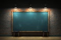 Spotlights illuminate a brick showroom with a chalkboard and blue wall