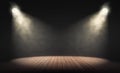 Spotlights illuminate empty stage with dark background. 3d rendering