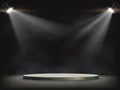 Spotlights illuminates a round empty stage. Vector image