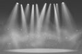 Spotlights isolated on transparent background. Floodlight for the podium. Light effect for a disco. Smoke with glowing particles.