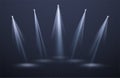 Spotlights light beams isolated on black background. Festive background for night show, party, presentation. Vector Royalty Free Stock Photo