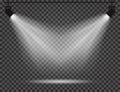 Spotlights with light beams on transparent background. Realistic spotlights for theatre, photo studio, concerts