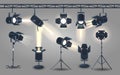 Spotlights Realistic 3d Vector Set. Powerful Lighting Fixtures Used To Illuminate Specific Areas Or Objects On Stage