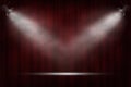 Spotlights on red curtain background. Vector cinema, theater or circus background. Royalty Free Stock Photo