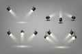 Spotlights set, stage and studio light, realistic hanging and standing lamps. Spot lights and searchlights for concert